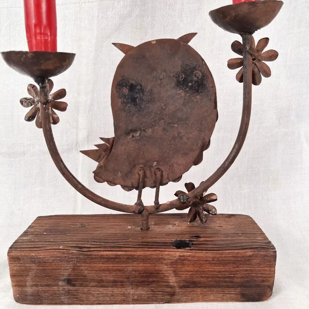 Mid Century Modern Metal Owl on Wood Base Candle Holder Sculpture Brutalist 9